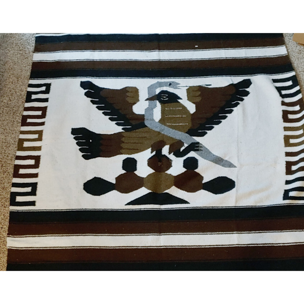 Vtg‎ Hand Woven Mexican Multicolor Wool Throw Blanket Thunderbird 82" × 50"